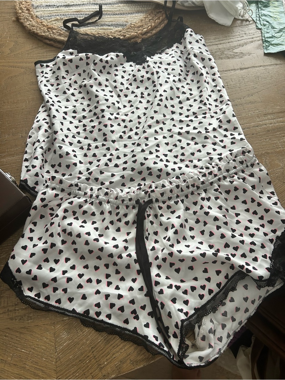 Victoria Secret Heart Print Satin Cami & Short Pajama Set w Black Lace Trim